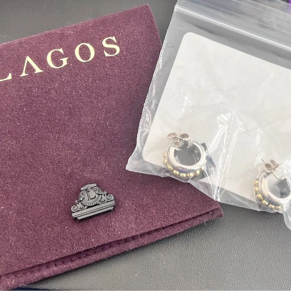 Lagos 925 Sterling Silver and 18kt Yellow Gold ‘Caviar’ Layered Hoop Earrings - Picture 9 of 10